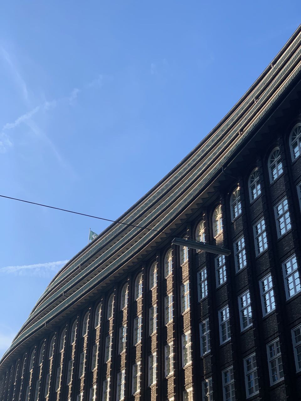 The brick facade of the Chilehaus in Hamburg at an angle